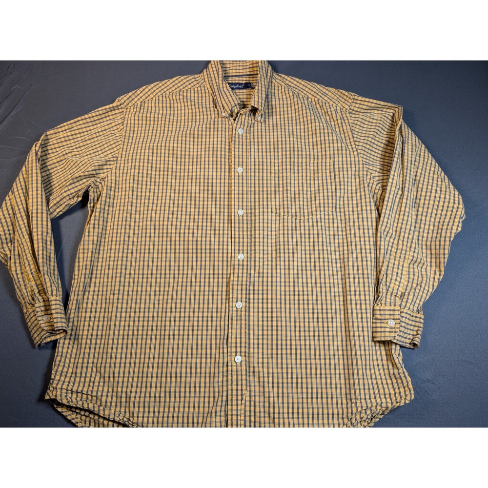 Sedgefield Mens Lg Yellow Navy Blue Plaid Cotton Button Down Long Sleeve Shirt